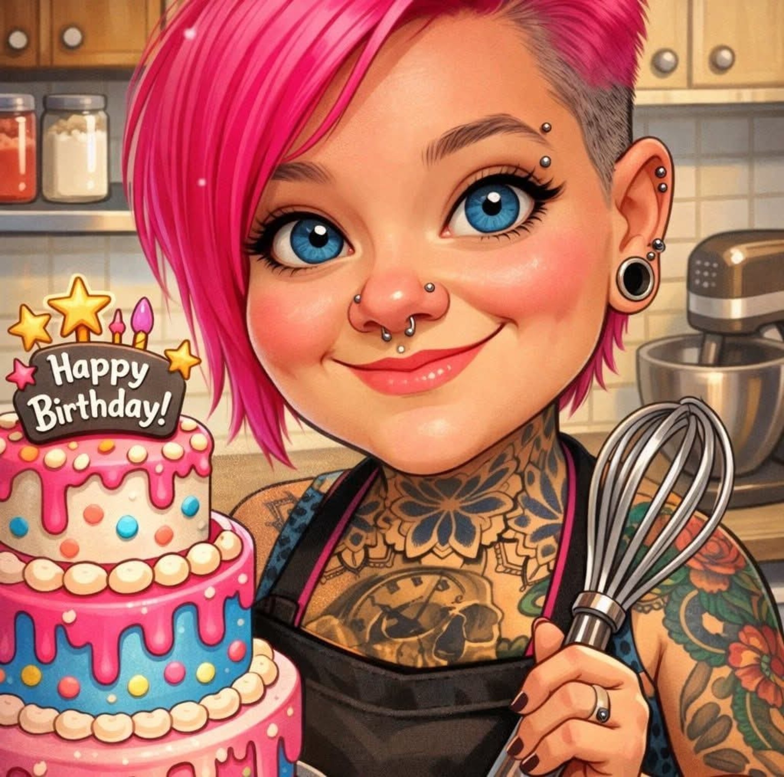 Alanah’s Brown’s Bakes caricature, with pink hair, a whisk and a celebration cake